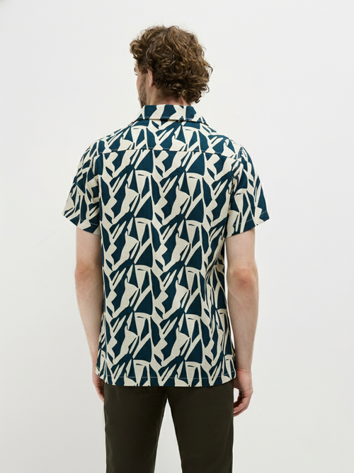Dark Teal Blue Geometric Printed Casual Shirt