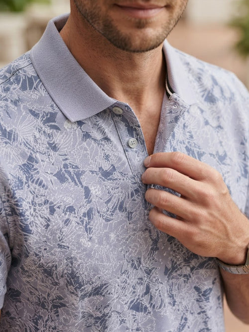 Dusty Slate Blue Leaf Printed Polo T Shirt