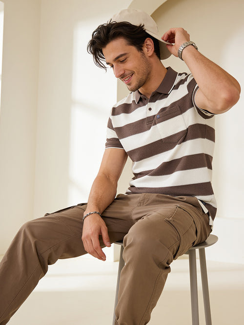 Onion Khaki Solid Horizontal Stripes Polo T Shirt