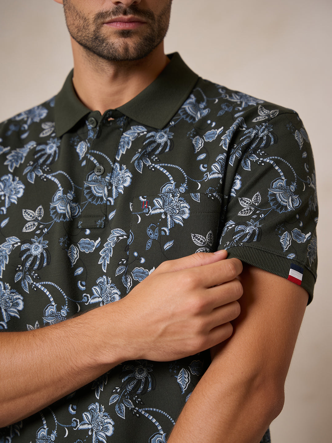 Deep Olive Green Floral Printed Polo T Shirt