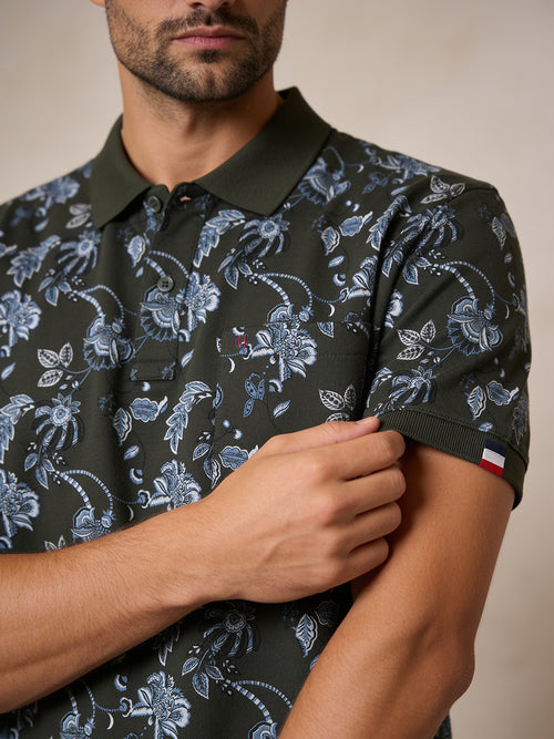 Deep Olive Green Floral Printed Polo T Shirt