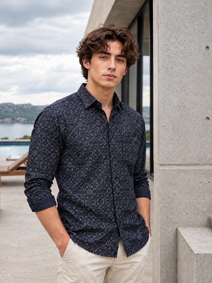 Midnight Indigo Floral Printed Casual Shirt