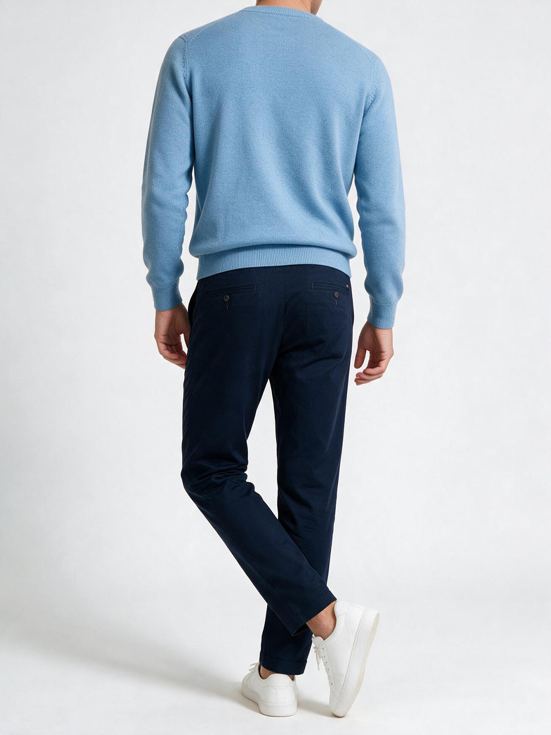 Navy Cotton Twill Satin Solid Casual Trousers