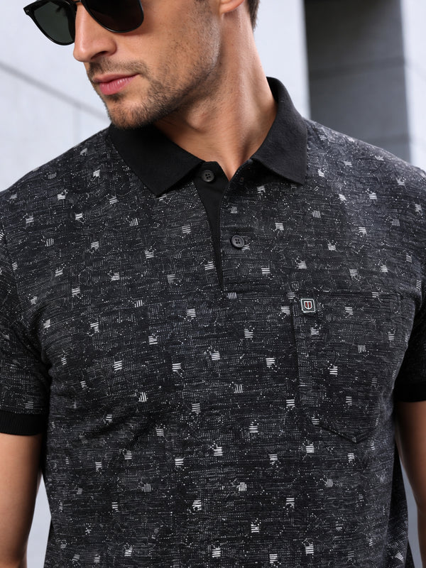 Deep Black Printed Polo T Shirt