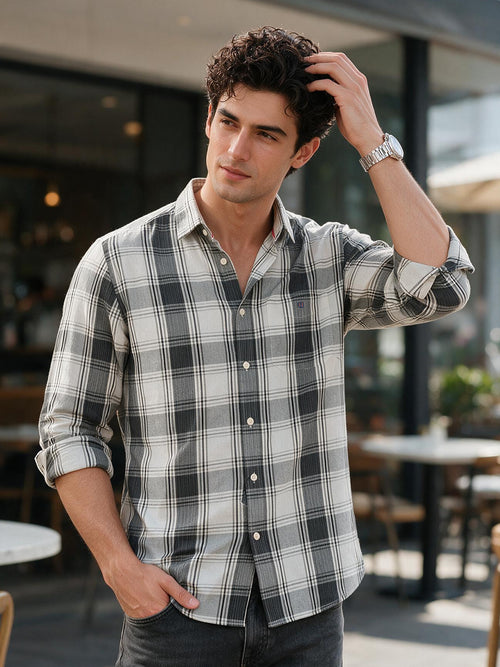 Ash Green and Black Checked Casual Shirt
