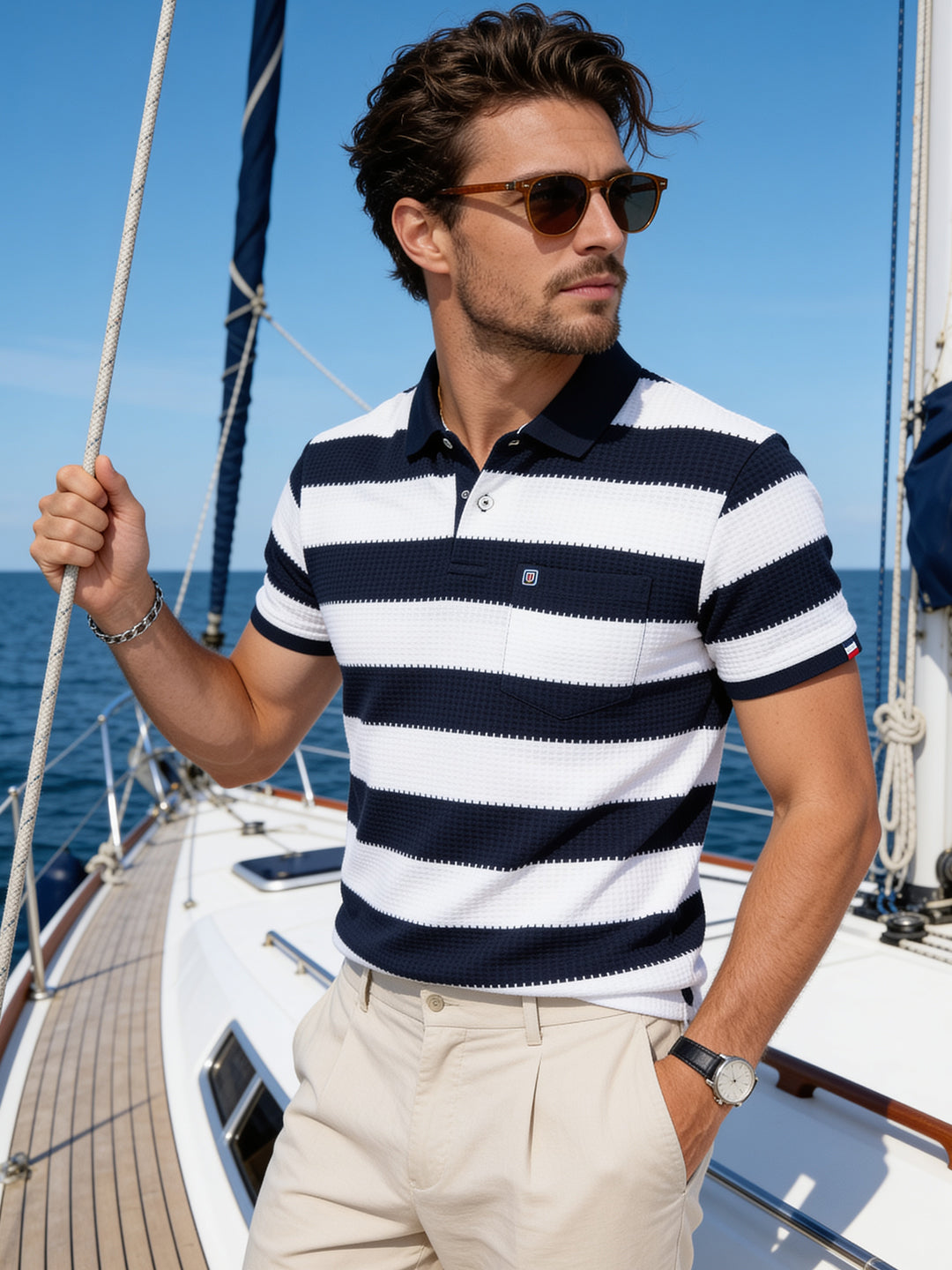 Ink Navy Solid Horizontal Stripes Polo T Shirt