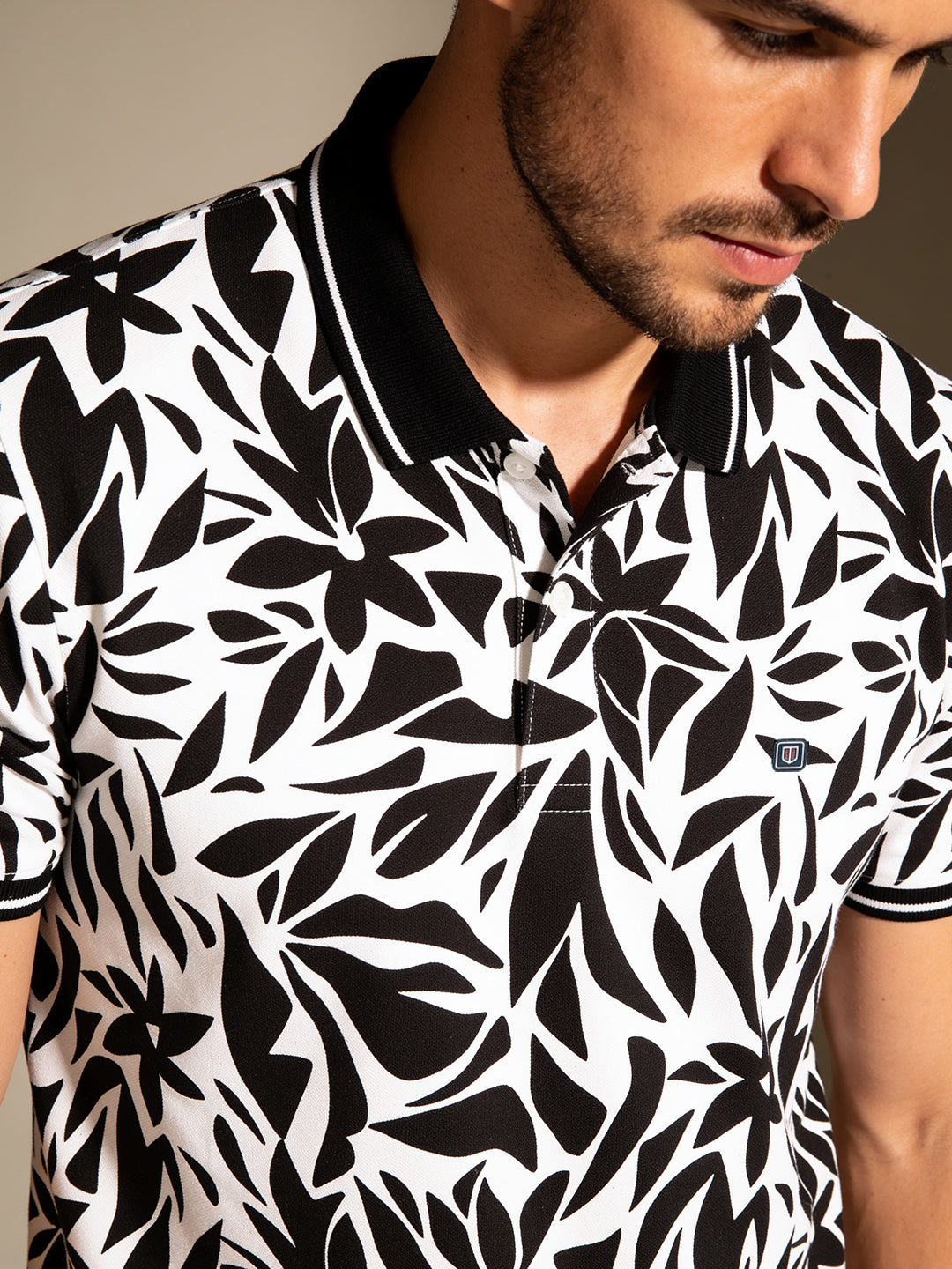 Black and White Floral Printed Polo T Shirt