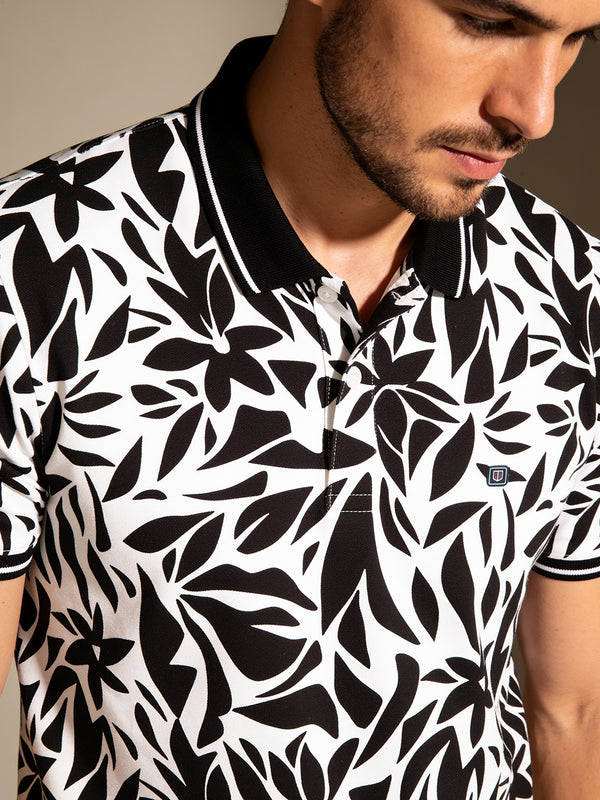 Black and White Floral Printed Polo T Shirt