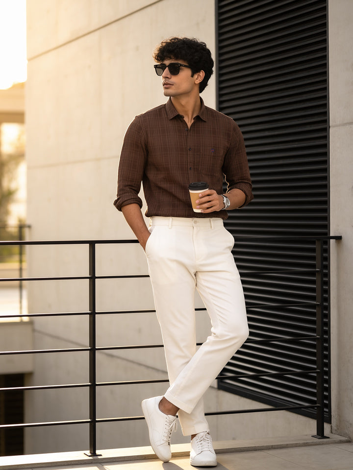 Sand Brown Checkered Casual Shirt
