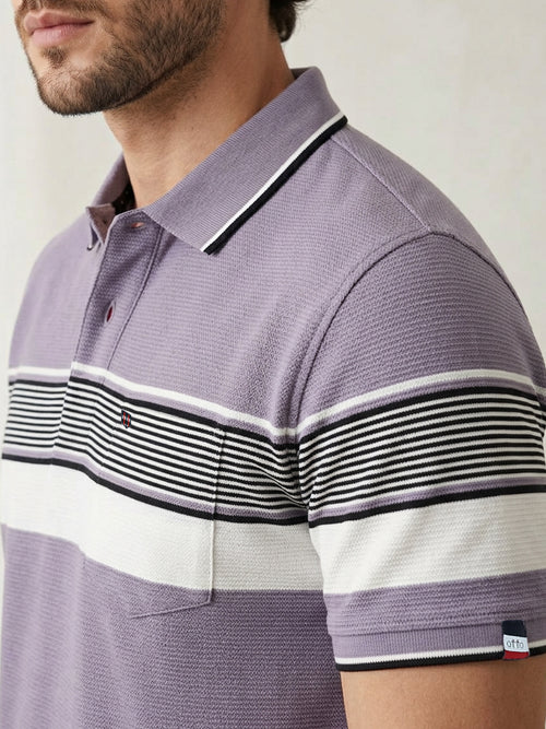 Lavender Grey Horizontal Stripes Polo T Shirt