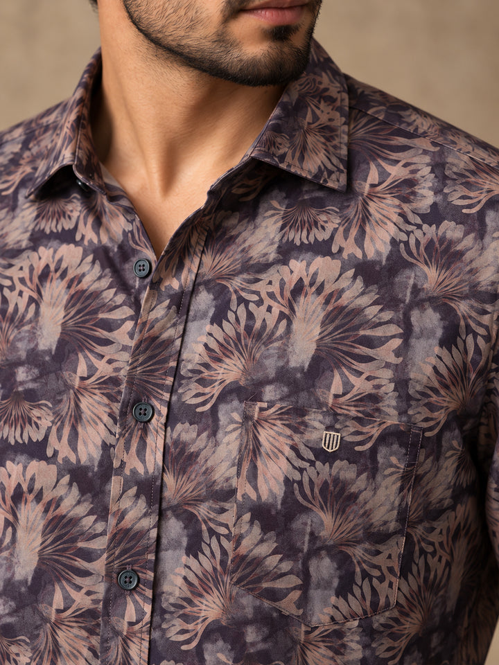 Smoked Purple and Sand Floral Printed Casual Shirt