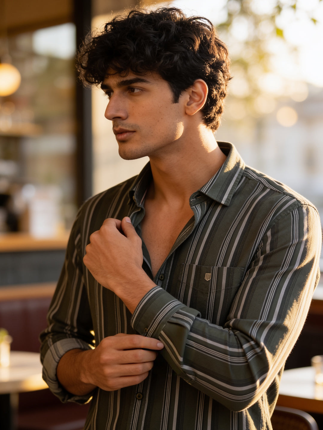 Charcoal Olive Vertical Stripes Casual Shirt