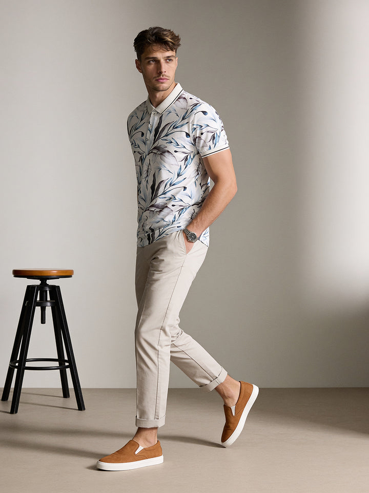 Light White and Blue Floral Printed Polo T Shirt