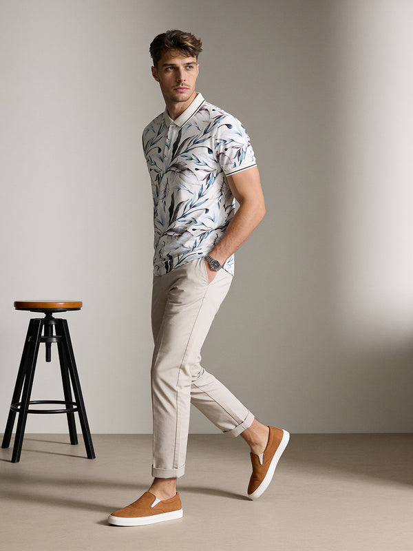 Light White and Blue Floral Printed Polo T Shirt