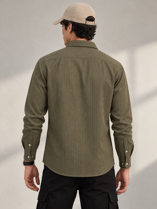 Light Olive Vertical Stripes Casual Shirt