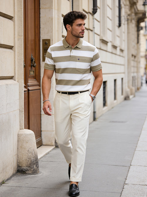 Light Olive Solid Horizontal Stripes Polo T Shirt