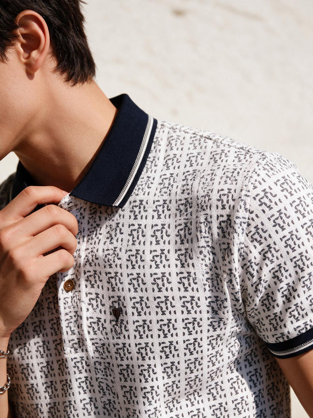 White and Black Printed Polo T Shirt