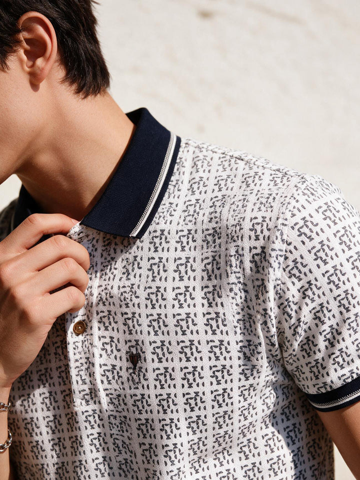 White and Black Printed Polo T Shirt