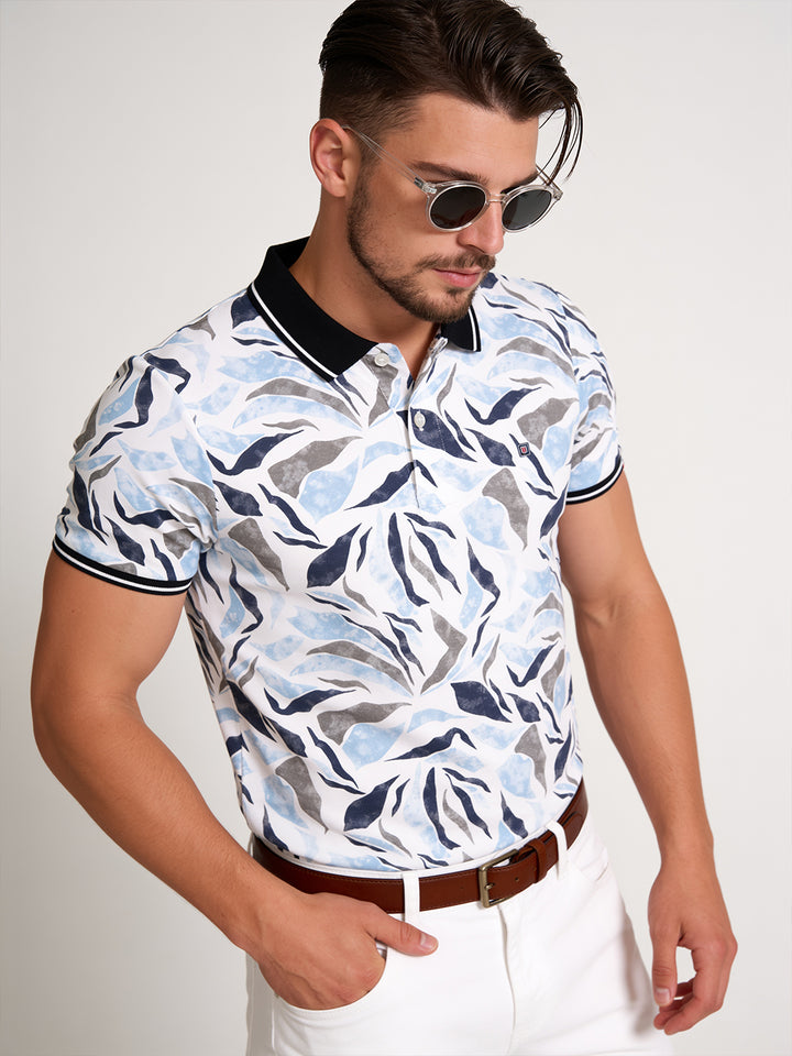 Mid Blue Abstract Printed Polo T Shirt