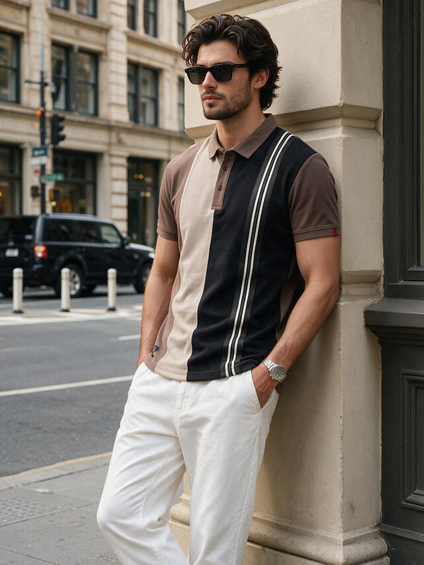 Brown and Cream Vertical Stripes Polo T Shirt