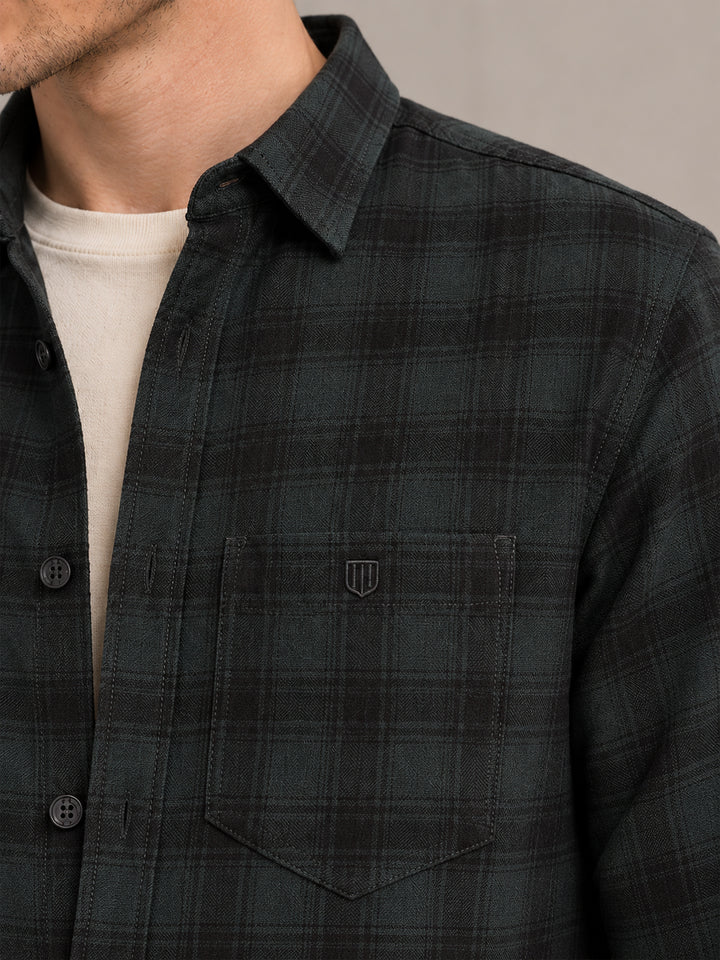 Mid night Green and Black Checkered Casual Shirt