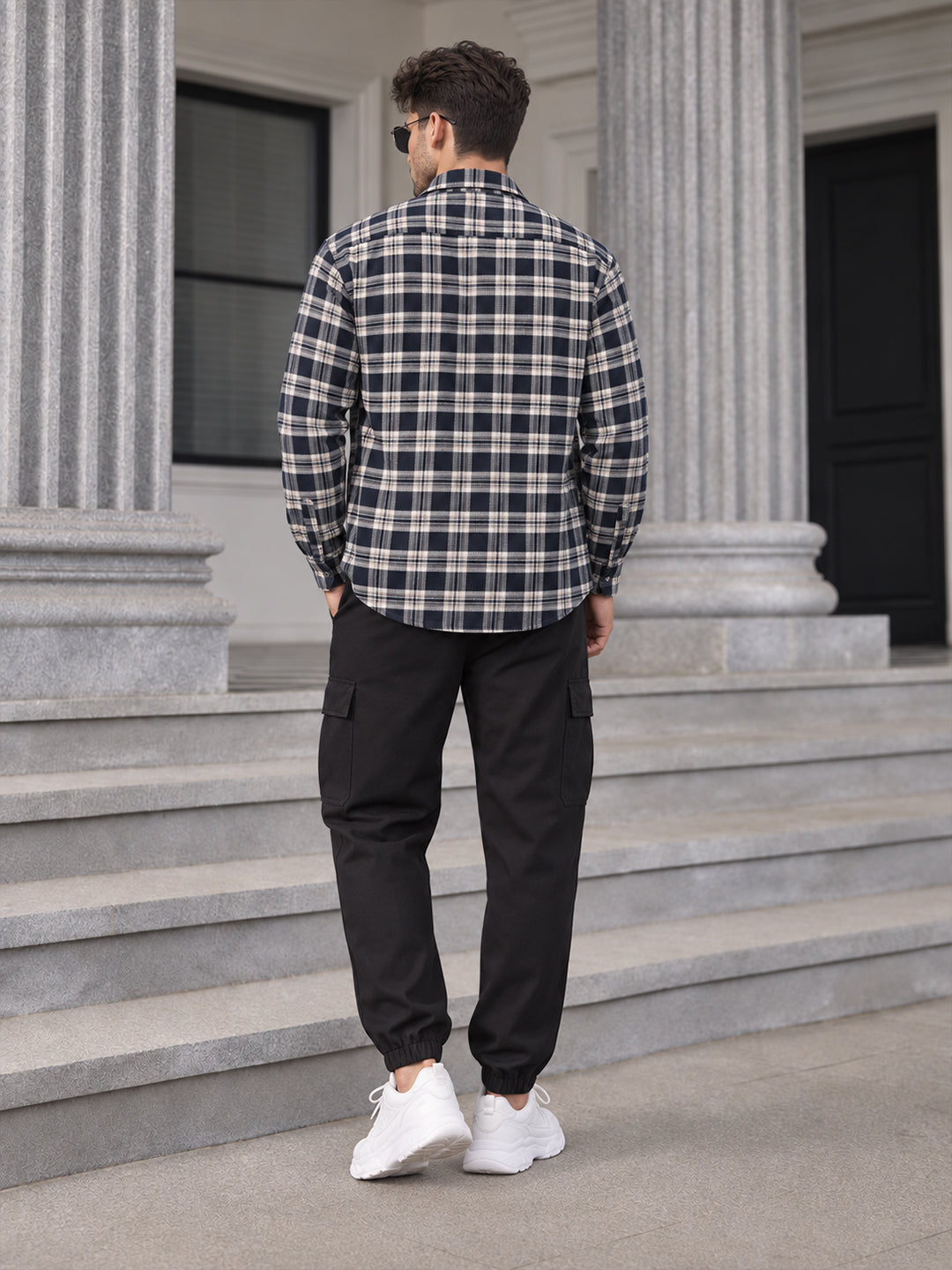 Prussian Blue Checkered Casual Shirt