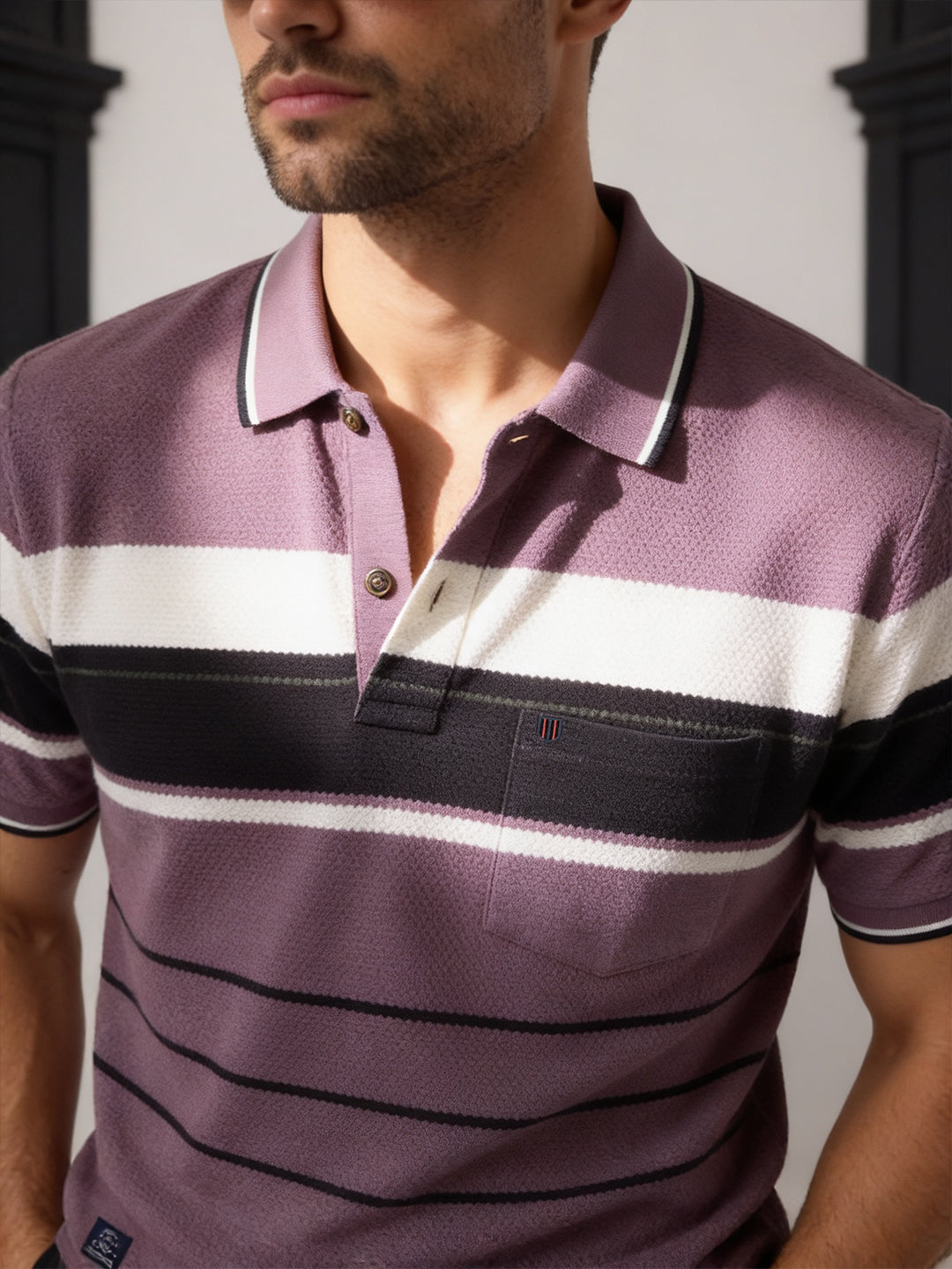 Smoky Plum Horizontal Stripes Polo T Shirt