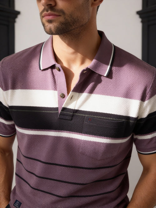 Smoky Plum Horizontal Stripes Polo T Shirt