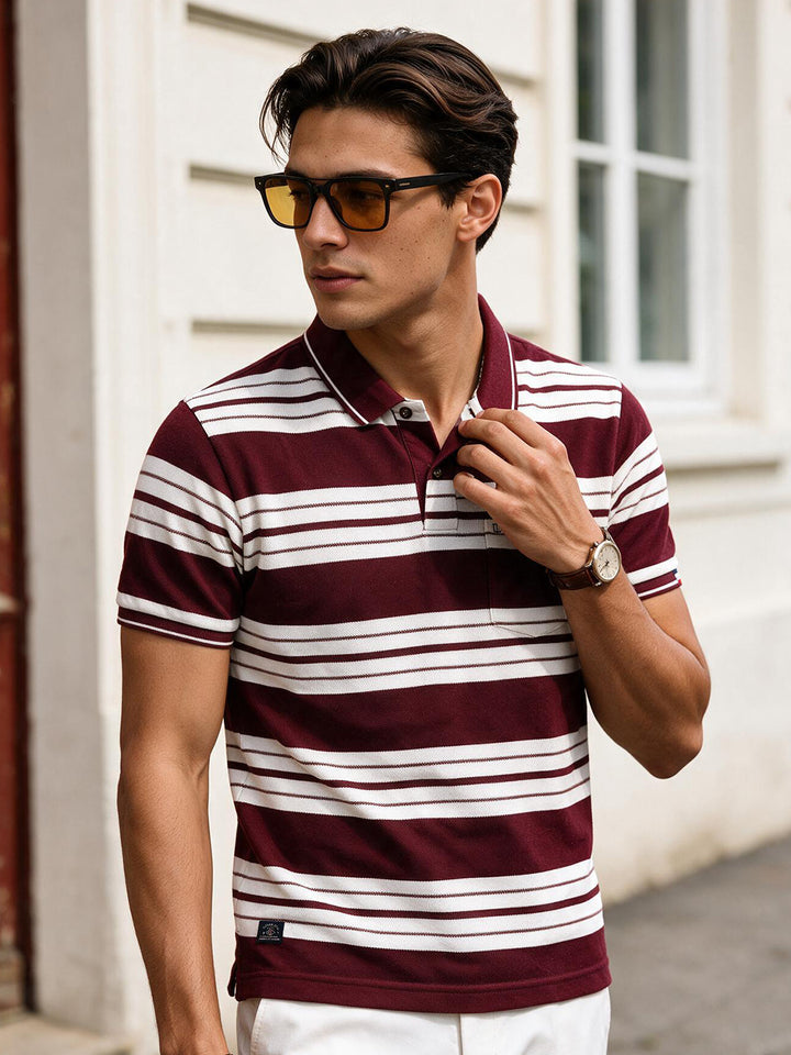 Maroon Red and White Stripes Polo T Shirt