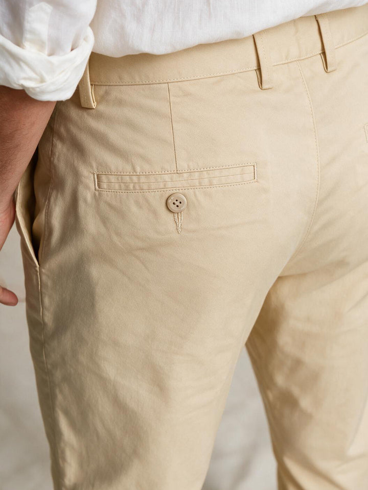 Beige Cotton Twill Satin Solid Casual Trousers