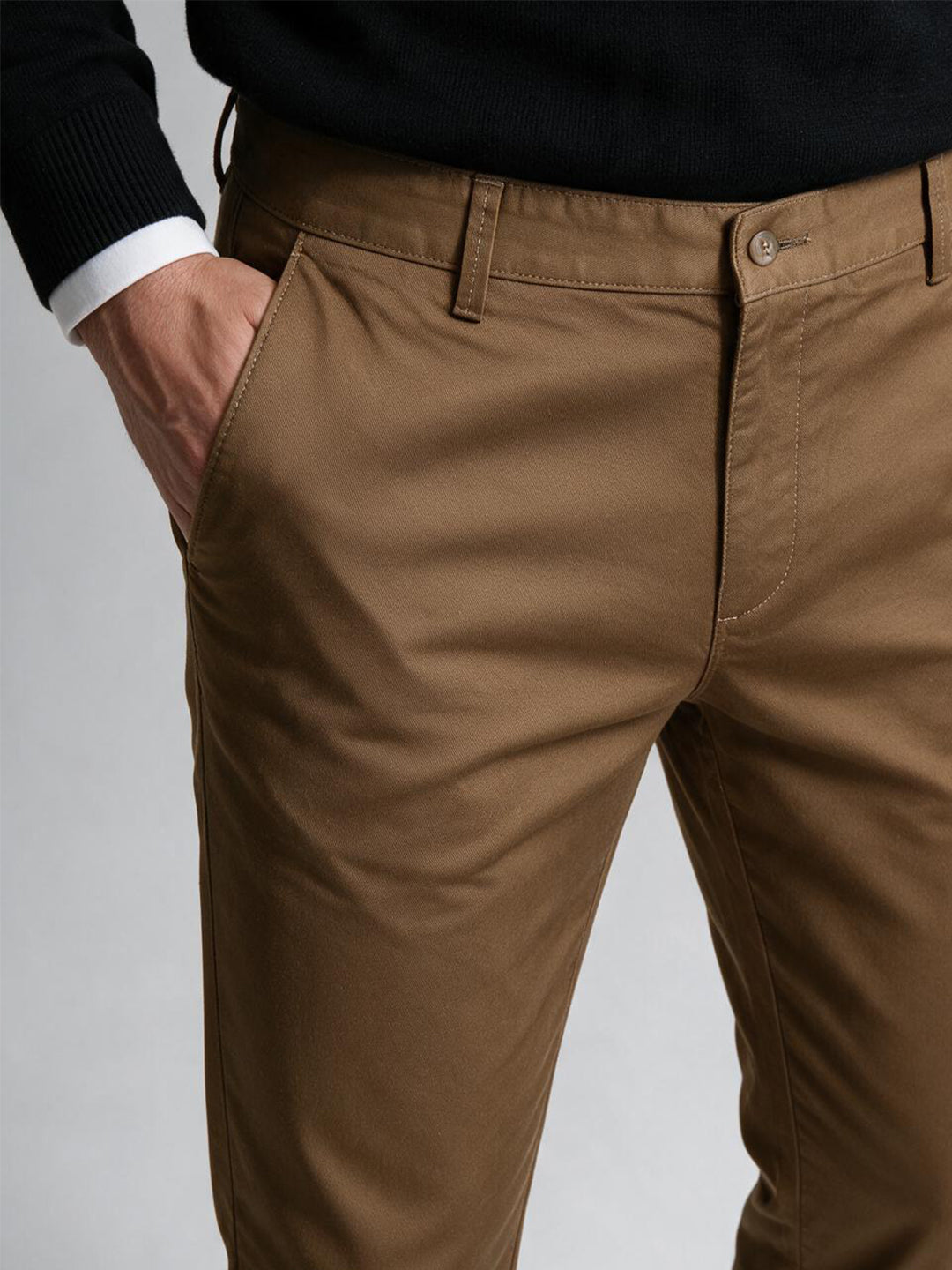 Brick Brown Cotton Twill Satin Solid Casual Trousers
