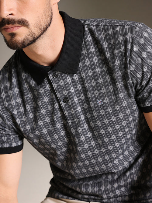 Noir Black Textured Printed Polo T Shirt