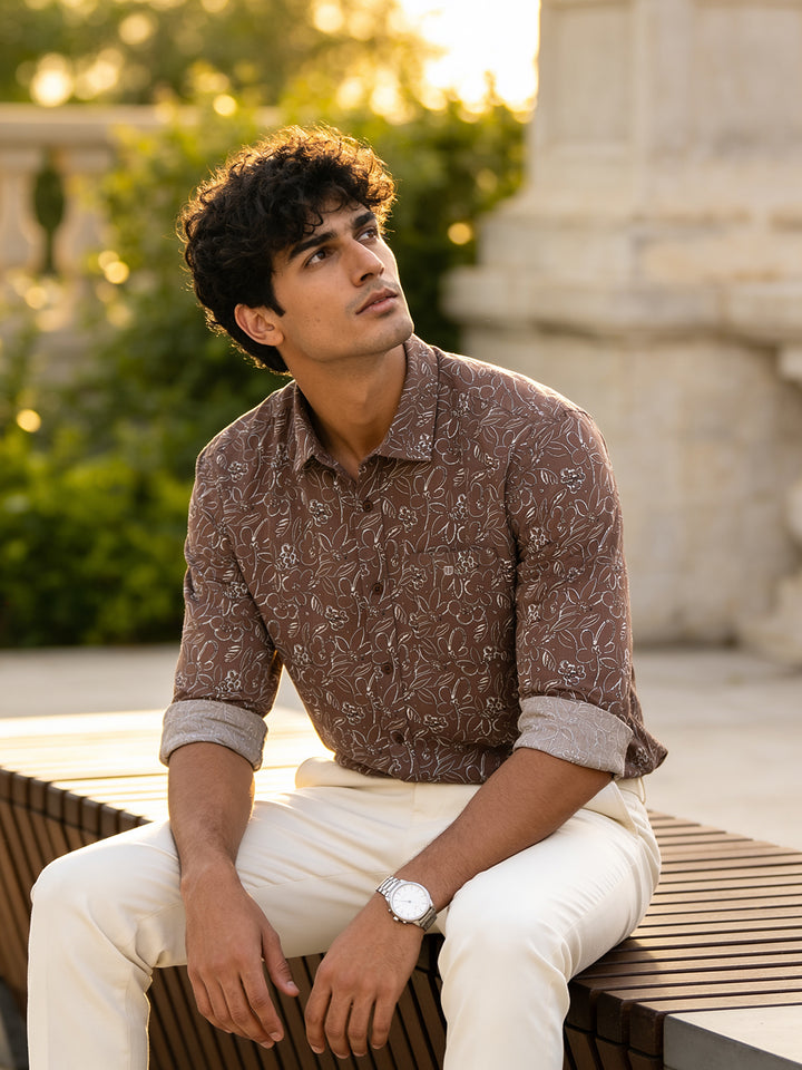 Muted Brown Floral Printed Casual Shirt