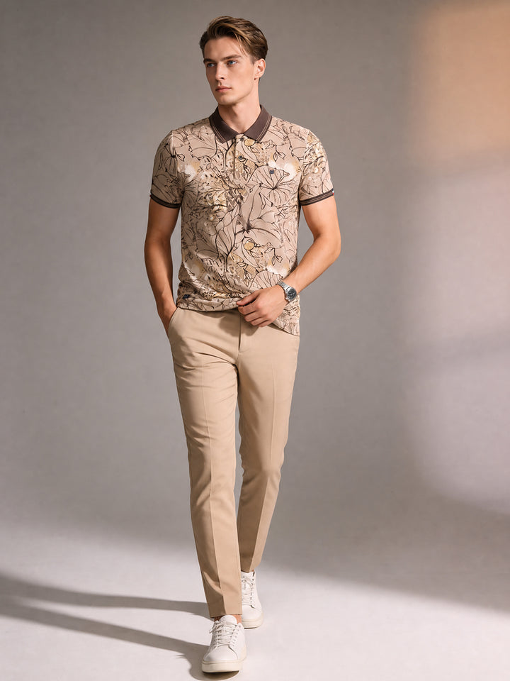 Mocha Beige Printed Polo T Shirt