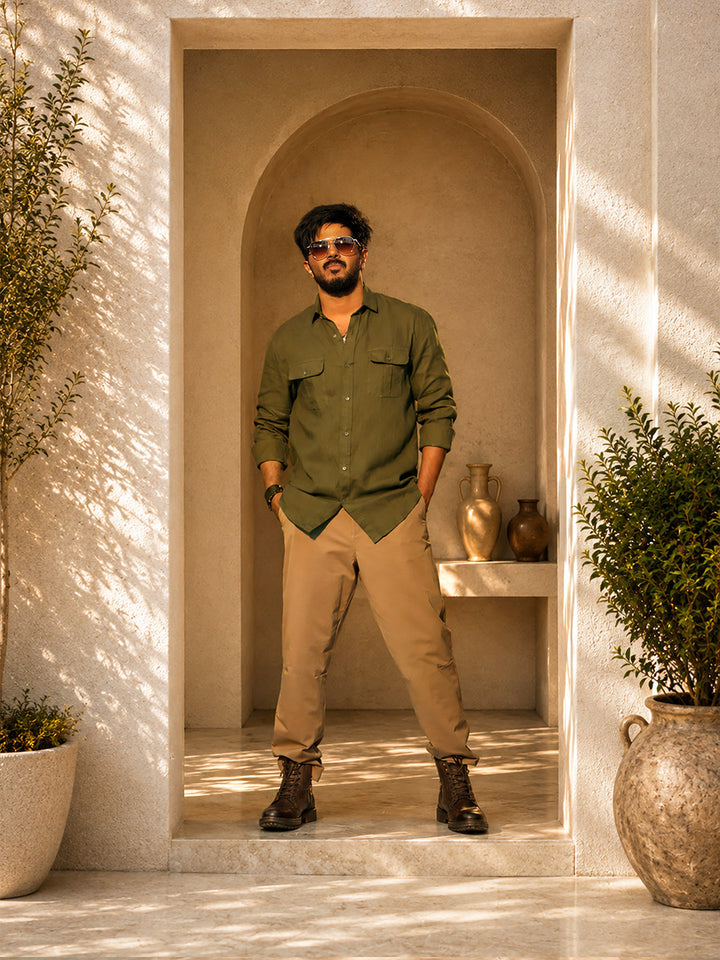 Olive Green Urban Casual Shirt With Dual Pockets