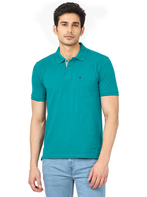 Sea Green Plain Casual Polo T Shirt