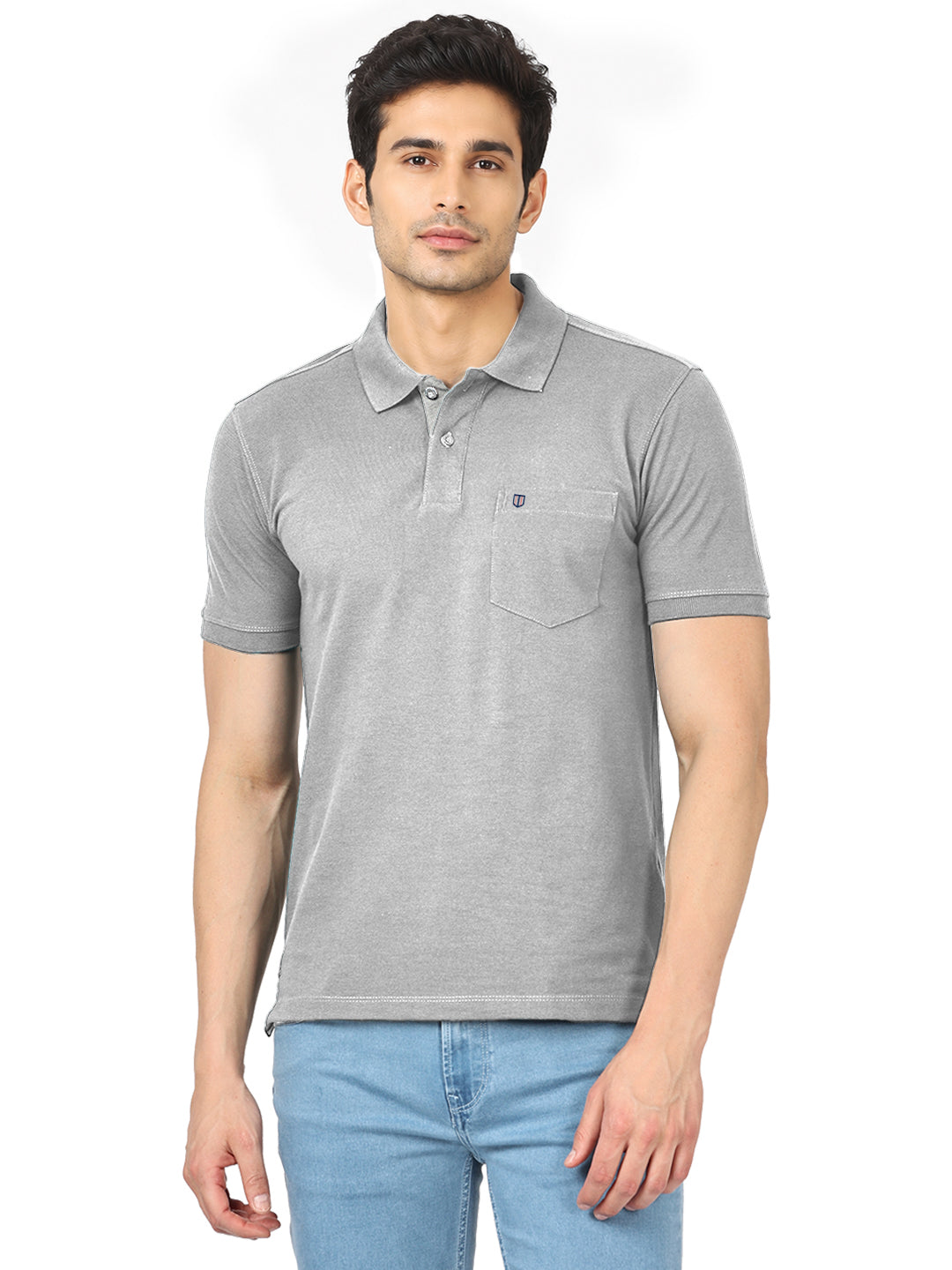 Grey Melange Plain Casual Polo T Shirt