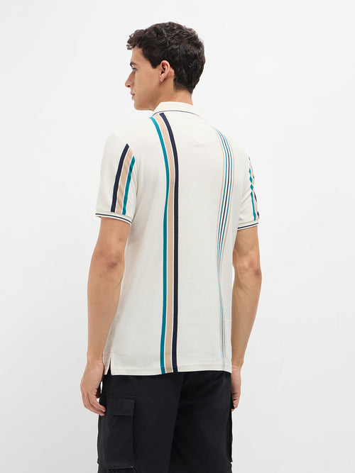 Ivory White Vertical Stripes Polo T Shirt