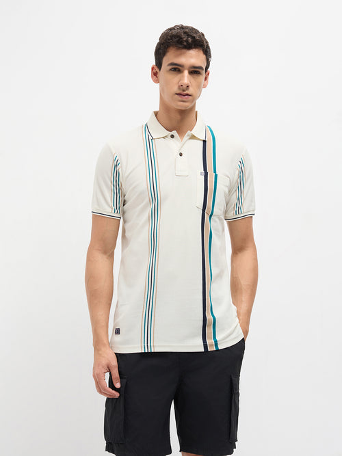 Ivory White Vertical Stripes Polo T Shirt