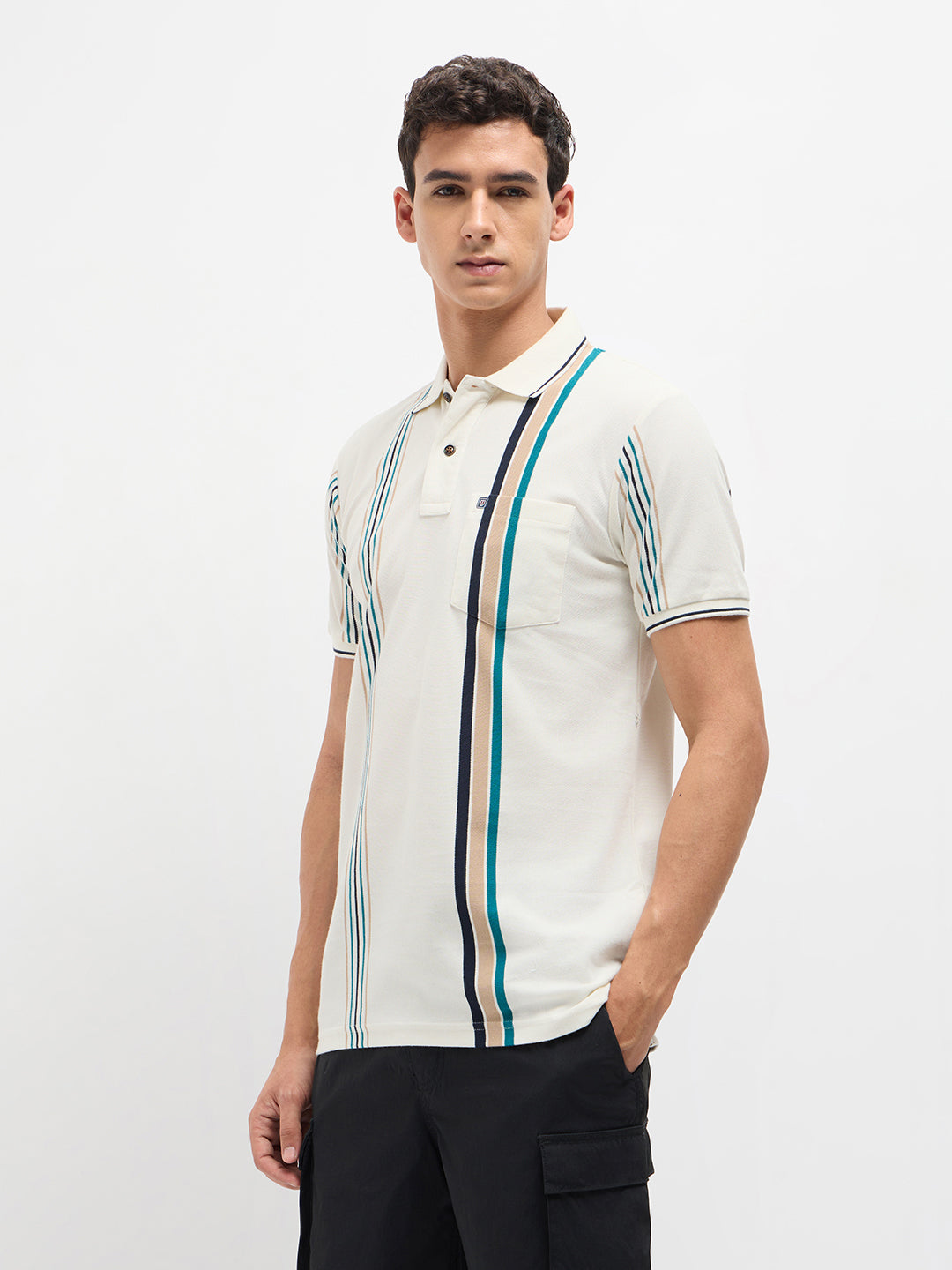 Ivory White Vertical Stripes Polo T Shirt