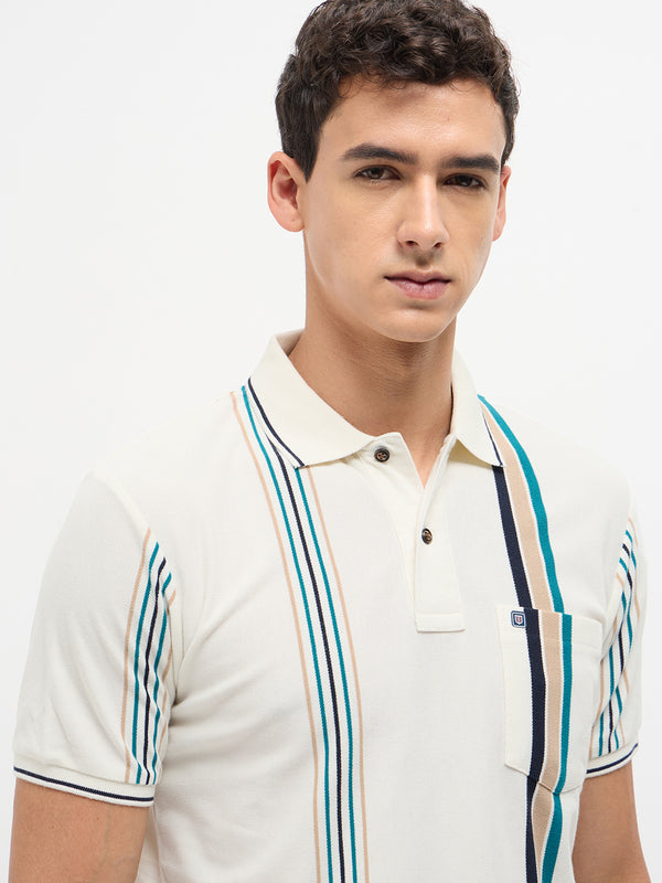 Ivory White Vertical Stripes Polo T Shirt