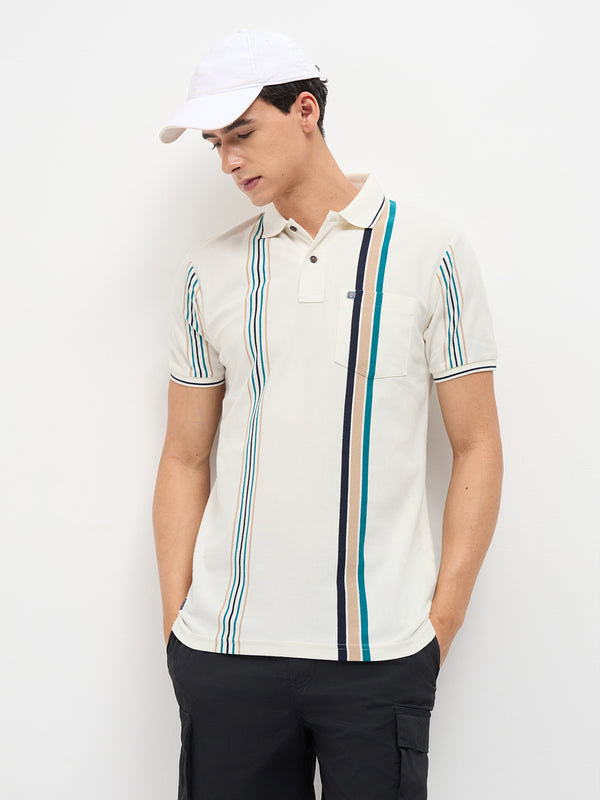 Ivory White Vertical Stripes Polo T Shirt