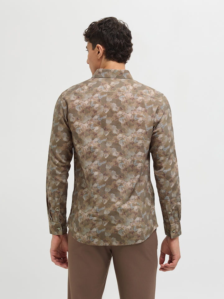 Fawn Brown Abstract Printed Casual Shirt