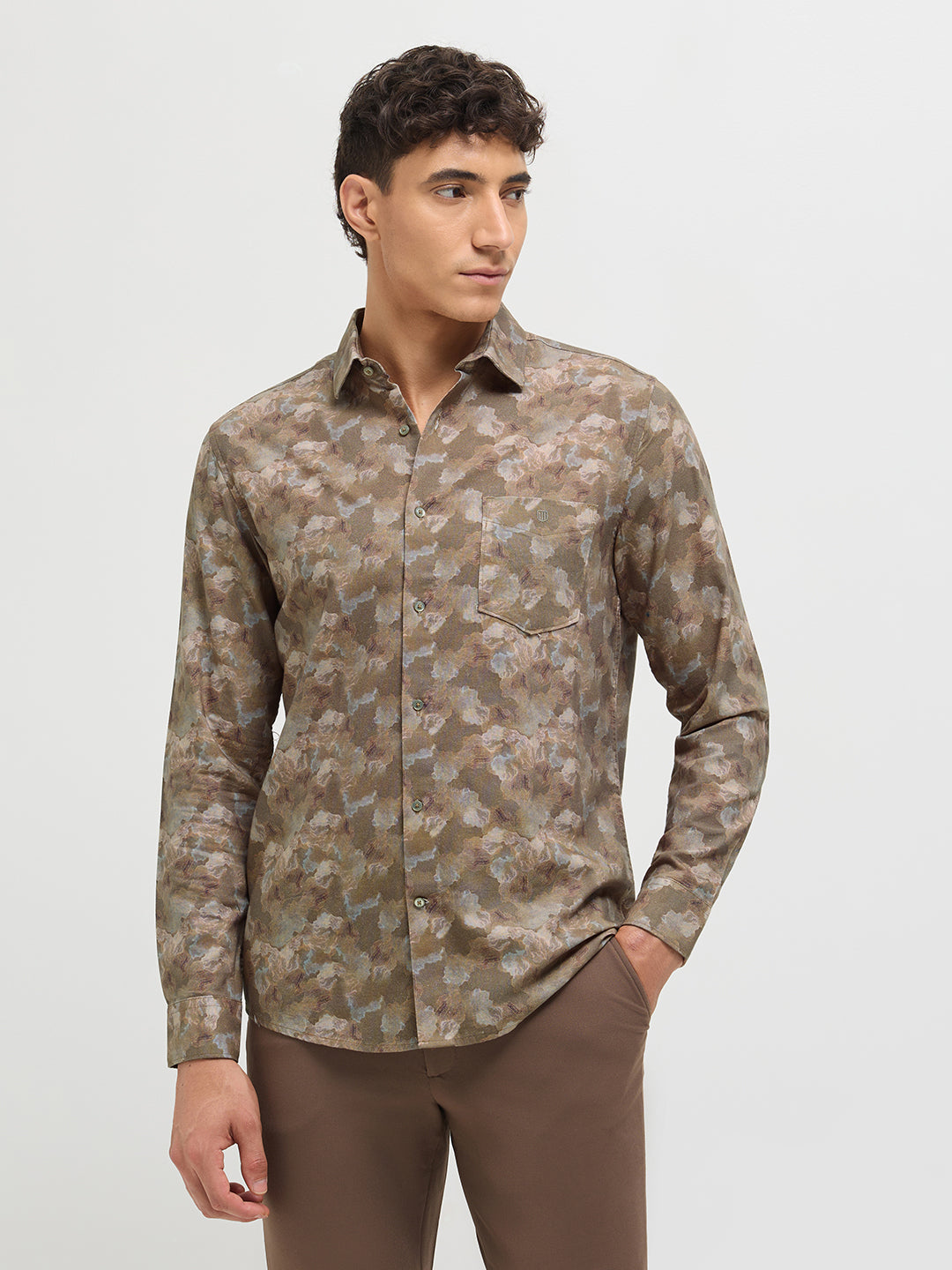 Fawn Brown Abstract Printed Casual Shirt