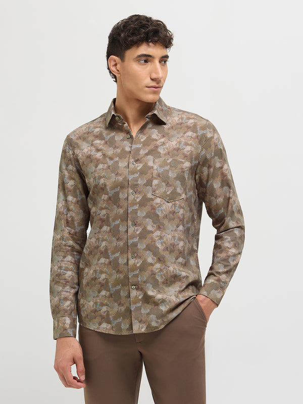 Fawn Brown Abstract Printed Casual Shirt