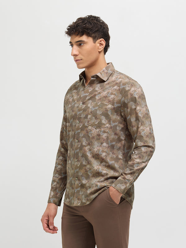 Fawn Brown Abstract Printed Casual Shirt