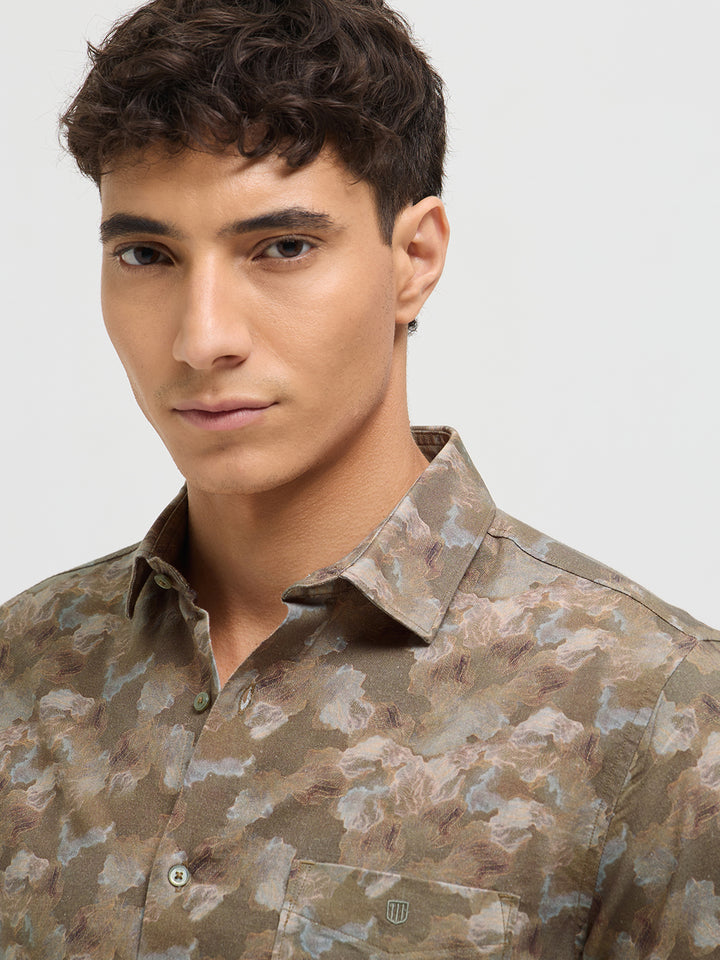 Fawn Brown Abstract Printed Casual Shirt
