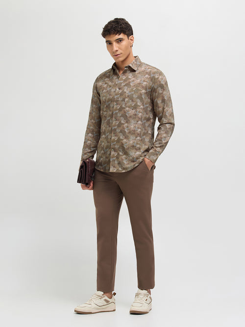 Fawn Brown Abstract Printed Casual Shirt