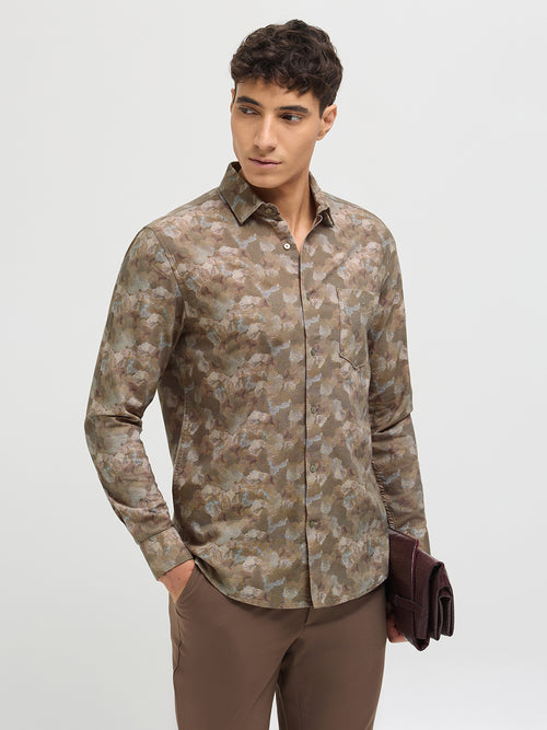 Fawn Brown Abstract Printed Casual Shirt