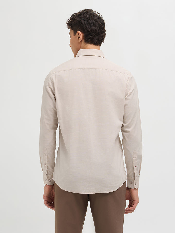 Cream Beige Solid Casual Shirt